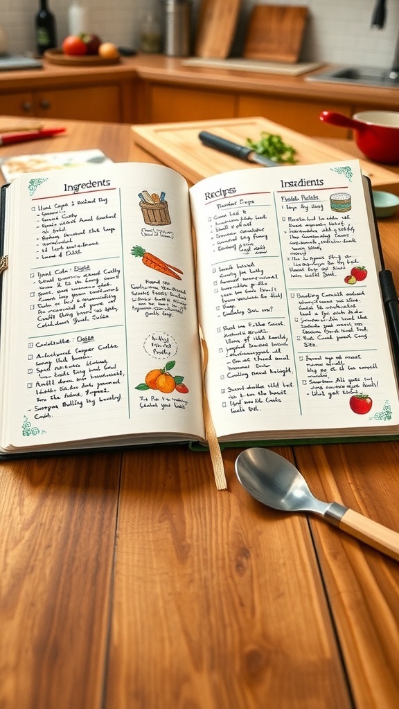 Creative Recipe Journal Layout Ideas An open recipe journal with colorful recipes and illustrations on a wooden table.